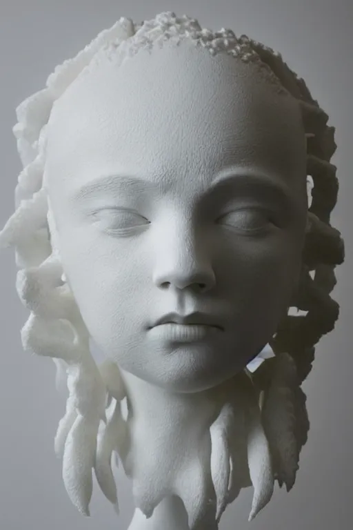 Prompt: full head and shoulders, beautiful female porcelain sculpture by daniel arsham and raoul marks, smooth, all white features on a white background, delicate facial features, white eyes, white lashes, detailed white, lots of 3 d giant axolotls on the head