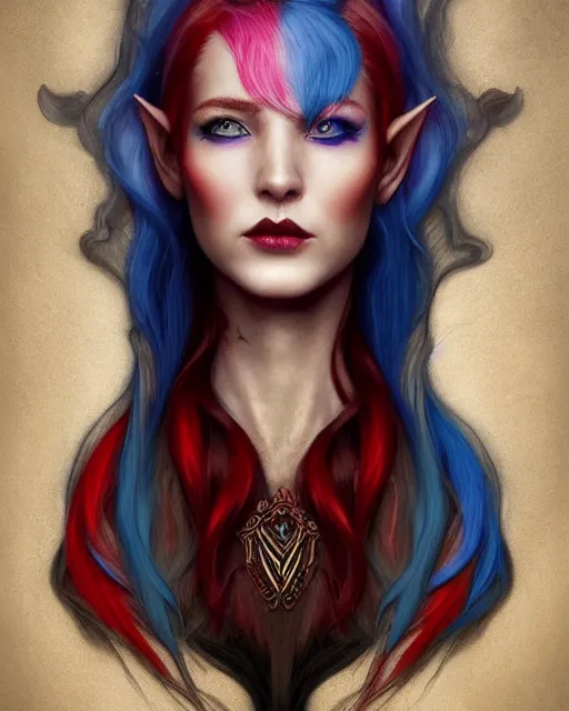 Prompt: A detailed matte oil on canvas head on symmetrical portrait of a distinguished elven woman with red and blue hair (((((makeup))))) by Charlie bowater and lise deharme wlop, trending on artstationhd, dungeons and dragons art, critical role, split hair dye, half and half dye, two tone dye, two tone hair style, split color
