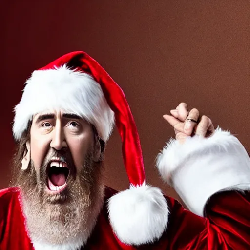 Image similar to nic cage screaming while covered from head to toe in fancy santas, award winning portrait