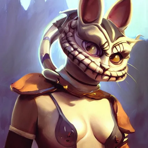 Image similar to greg manchess portrait painting of partially armored cheshire cat from alice in wonderland as overwatch character, medium shot, asymmetrical, profile picture, organic painting, sunny day, matte painting, bold shapes, hard edges, street art, trending on artstation, by huang guangjian, gil elvgren, ruan jia, randy vargas, greg rutkowski