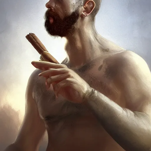 Image similar to epic portrait A man smoking a cigar and shooting zombies with a shotgun, white tank top, beard, buzzcut, apocalyptic, digital painting, artstation, concept art, soft light, hdri, smooth, sharp focus, illustration, fantasy, intricate, elegant, highly detailed, D&D, matte painting, in the style of Greg Rutkowski and Alphonse Mucha and artemisia, 8k, highly detailed, jurgens, rutkowski, bouguereau, pastoral, rustic, georgic