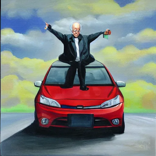 Prompt: larry david standing on roof of prius, painting