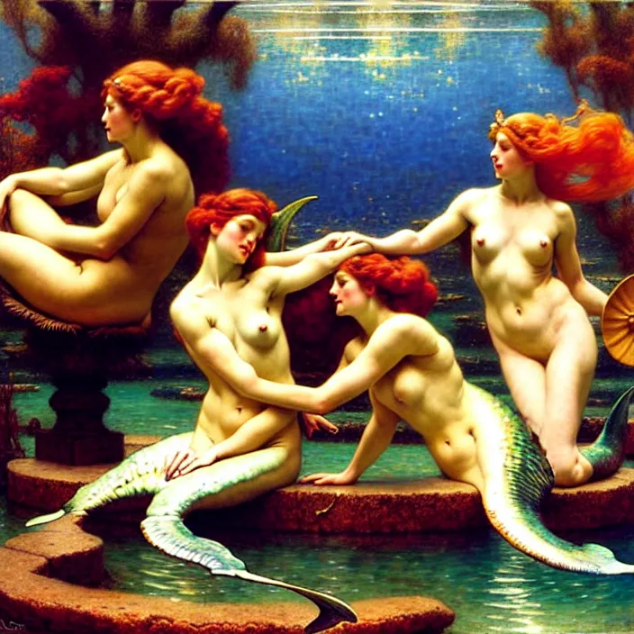 Prompt: mermaids wrestling while swimming, hard lighting, full body, warm lighting, painting by gaston bussiere, craig mullins, j. c. leyendecker, lights, art by ernst haeckel, john william godward, hammershøi