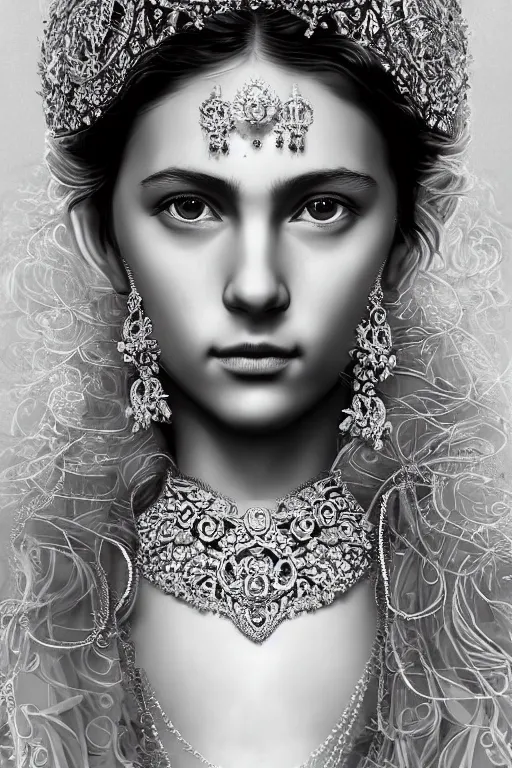 Prompt: beautiful very detailed portrait of a young princess with lots of jewelry in the face, full body, in the background there is a minimalistic palace, digital art , dramatic cinematic lighting rendered by octane, 8k, detailed, intricate, clean and textures, trending on artstation, treanding on deviantart, trending on cgsociety, pinterest, by Lauren Brevner + yasutomo oka