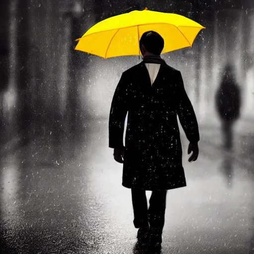 Image similar to A dramatic portrait painting of a man wearing yellow rain coat , holding red umbrella , walking in a black and white street . Cinematic lighting