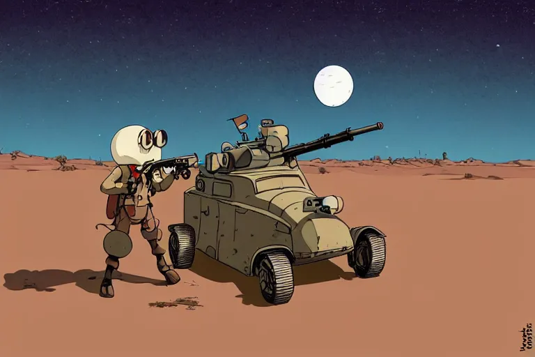 Image similar to a study of a cell shaded cartoon toad firing a bazooka on a desert road in front of a big moon, full body, wide shot, very muted colors, post grunge, studio ghibli, laurie greasley, highly detailed, deviantart, art by artgem