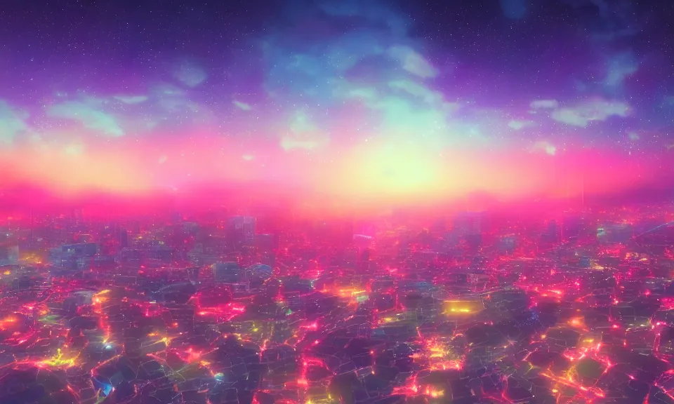 Image similar to a colorful glowing heavenly japanese city, sunset, stars, particles, pastel, artstation, digital art.