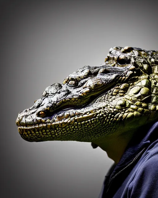 Image similar to Man with a head of a crocodile, XF IQ4, 150MP, 50mm, f/1.4, ISO 200, 1/160s, natural light, Adobe Photoshop, Adobe Lightroom, DxO Photolab, polarizing filter, Sense of Depth, AI enhanced, HDR