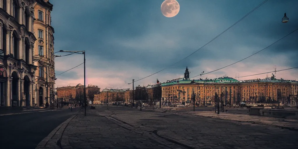 Image similar to cinematic street shot of a antigravity saint petersburg city in the moon, orbit city, telephoto, anamorphic cinematography, beautiful composition, color theory, leading lines, photorealistic, moody volumetric lighting