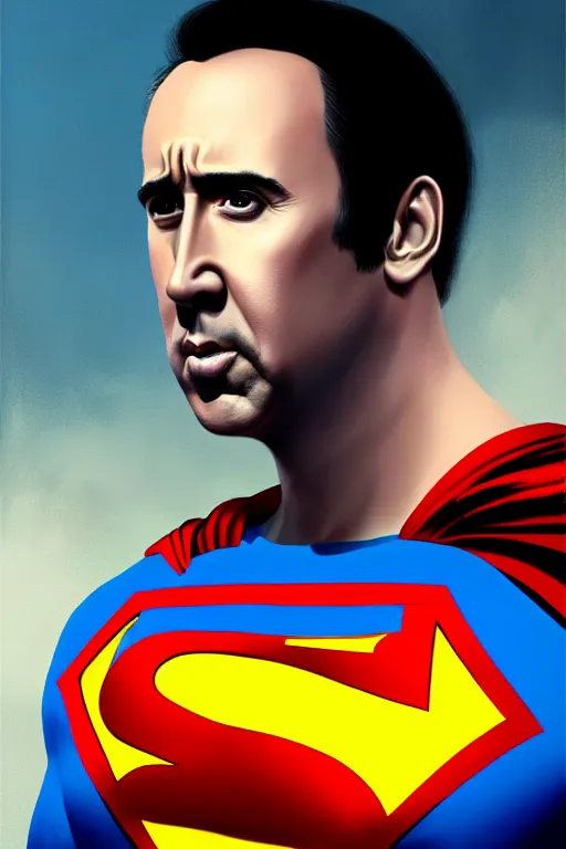 Image similar to portrait of nicolas cage as superman looking away from the camera, intricate, extremely detailed digital painting by greg rutkowski, artstation