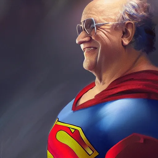 Prompt: portrait of a danny devito as superman by greg rutkowski, highly detailed portrait, digital painting, artstation, concept art, smooth, sharp foccus ilustration, artstation hq