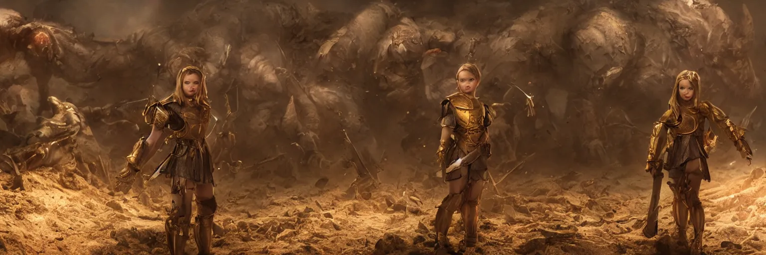 Prompt: a single young girl wearing a gold armor standing in a battlefirld, surrounded by dead bodies, extremely realistic and highly detailed 8 k, sharp focus, octane render, dramatic volumetric lighting and extremely realistic faces