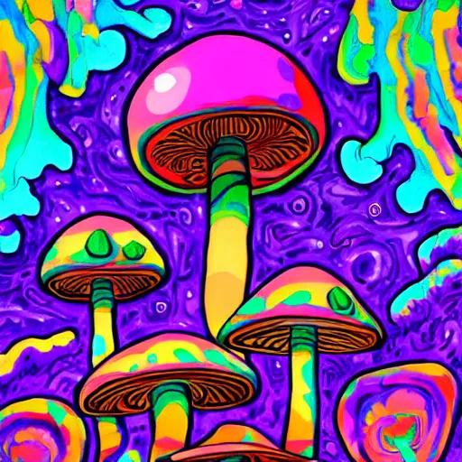 Image similar to trippy mushrooms, acrilic paint, digital, artstation