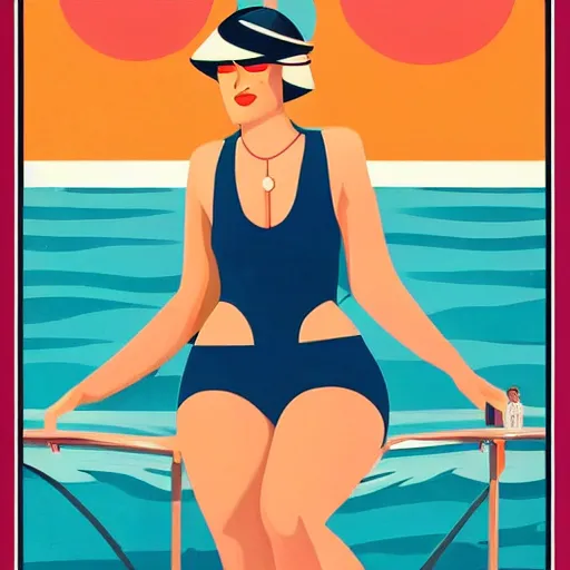 Image similar to a painting of a woman in a bathing suit sitting on a boat, an art deco painting by tom whalen, trending on behance, art deco, digital illustration, storybook illustration, art deco, flat shading, vector art, airbrush