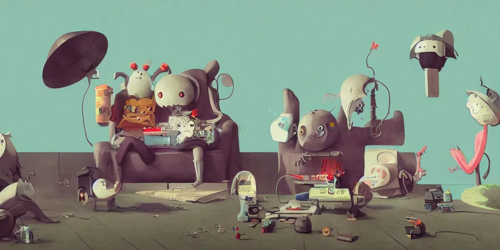 Prompt: cute anime monsters listening to record players by Goro Fujita and Simon Stalenhag and Banksy and Hieronymous Bosch and Edward Gorey, 8k, trending on artstation, hyper detailed, cinematic
