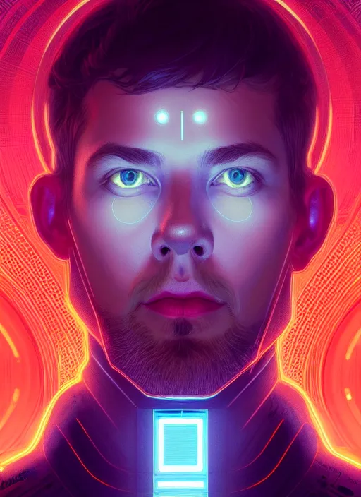 Prompt: symmetry portrait of steve huffman from reddit, sci - fi, tech wear, glowing lights intricate, elegant, highly detailed, digital painting, artstation, concept art, smooth, sharp focus, illustration, art by artgerm and greg rutkowski and alphonse mucha