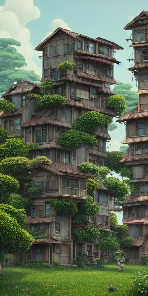 Image similar to stacked houses, solarpunk, studio ghibli, jean - baptiste monge, octane render, 4 k