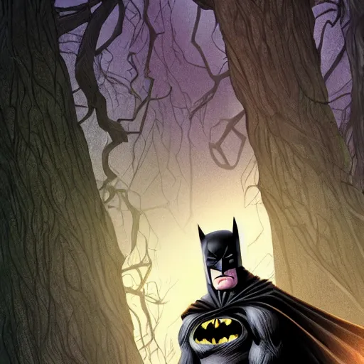 Image similar to batman meets groot in the woods digital art 4 k detailed super realistic