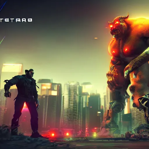 Image similar to cyberpunk boss fight, giant orc. cinematic wide shot