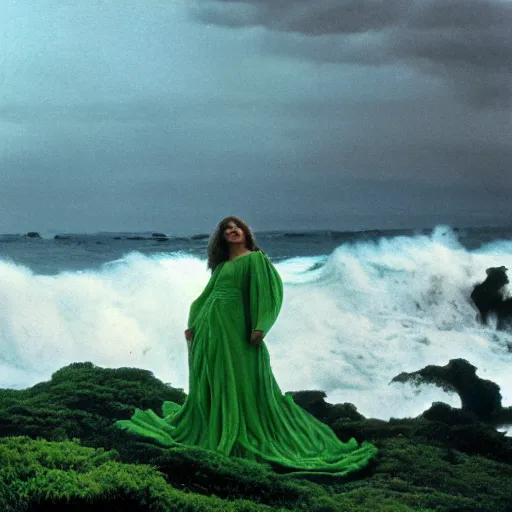 Prompt: 1 9 7 0's artistic italian western film in color, a woman in a giant billowy wide flowing waving dress made out of ocean waves and sea foam, standing inside a green mossy irish rocky scenic landscape, huge crashing waves and sea foam, volumetric lighting, backlit, moody, atmospheric