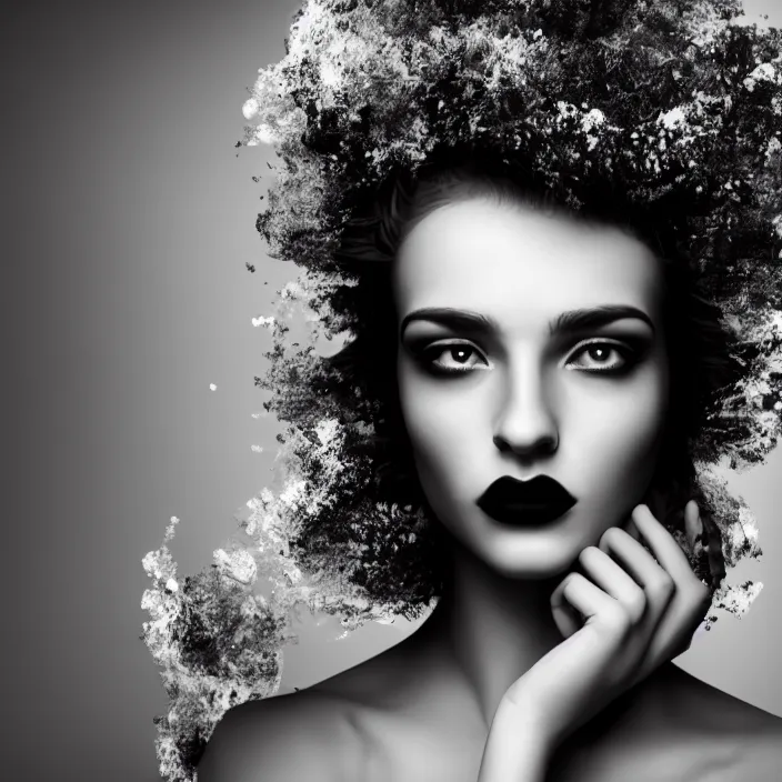 Prompt: young beautiful woman, gorgeous face, black and white photography, surreal, artist, flipped hair, full - body, 8 k, unreal engine 5, ultra sharp focus, art by victoria siemer, kirsty mitchell, laura zalenga