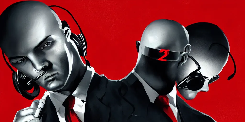 Image similar to a portrait of agent 4 7 from hitman wearing large headphones with wires in the background listening to music, dark background, red rim light, smooth, sharp focus, art by irina french