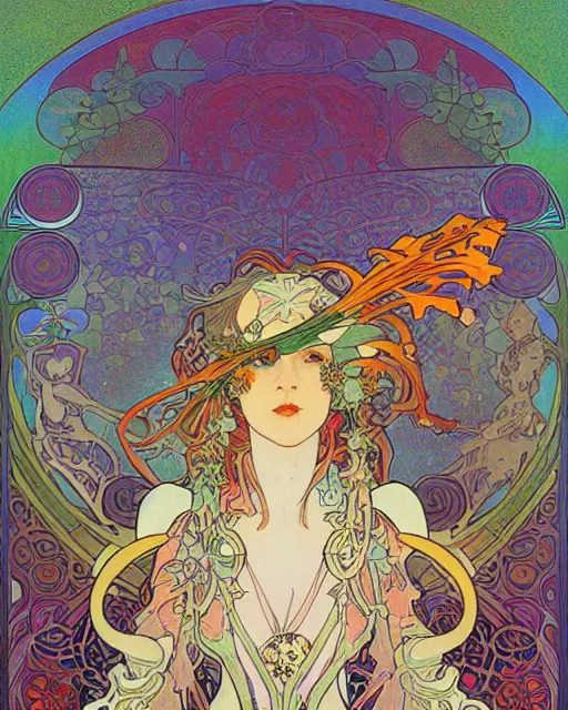 Image similar to psychedelic exotic flowers on a mysterious fantasy planet by Alphonse Mucha, Moebius, hiroshi yoshida, Art Nouveau, colorful, ultradetailed, vivid colour, 3d