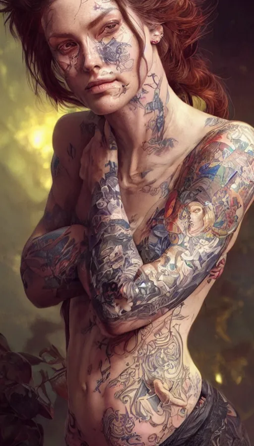 Image similar to tattooed lady, sweaty, insane, intricate, highly detailed, digital painting, artstation, concept art, smooth, sharp focus, illustration, Unreal Engine 5, 8K, art by artgerm and greg rutkowski and alphonse mucha