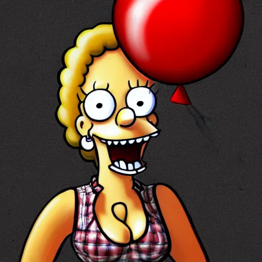 Prompt: surrealism grunge cartoon portrait sketch of margot robbie with a wide smile and a red balloon by - michael karcz, loony toons style, homer simpson style style, horror theme, detailed, elegant, intricate