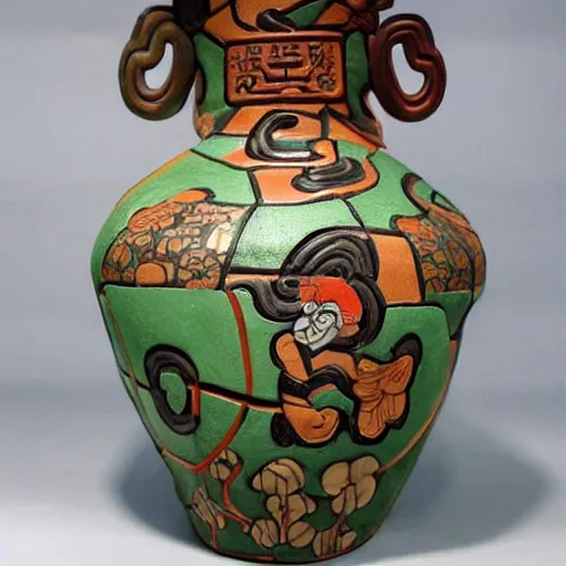 Prompt: vase work, Ancient vase art of Sullivan, mosters inc in art style of chinese art, fragmented clay firing chinese vase with an James P. Sullivan in the style of ancient chinese art, ancient chinese art!!!!! chinese art