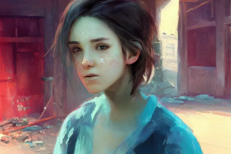 Prompt: digital art of a beautiful girl wearing a shirt standing in front of a ruined apartment complex, arctic composition, sunlit, expressive oil painting, by artgerm, by jeremy lipking, anime style, octane render, bright colors, face!!!! close - up