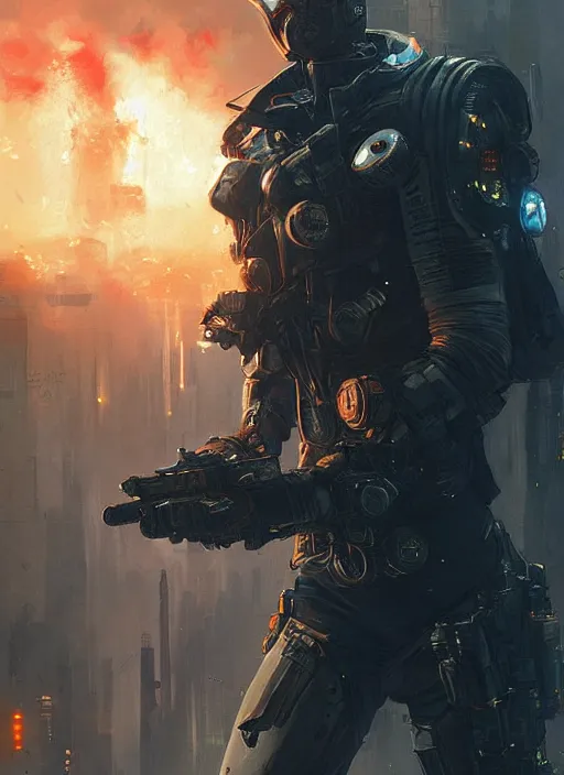 Image similar to a futuristic cyberpunk cat soldier in war scene, epic scene, big explosion, by greg rutkowski