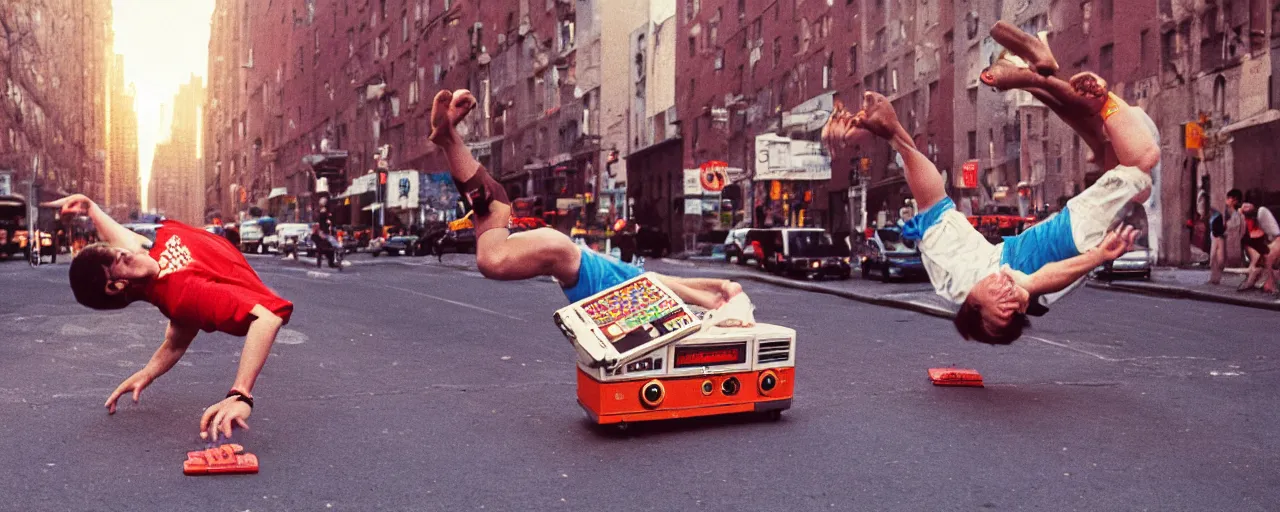 Image similar to 1 9 8 0's breakdancing next to a boombox made of spaghetti nyc, afternoon light, detailed, canon 2 0 mm, wes anderson, kodachrome