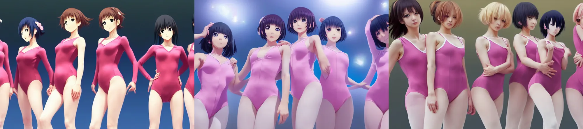 Prompt: beautiful, perfect, epic 8 k hd anime shot, three j - pop idols av actresses in japanese girl band, posing together in leotards. soft volumetric light. by yoshiyuki sadamoto, amagaitaro, makoto shinkai, krenz cushart, asao urata, pixiv