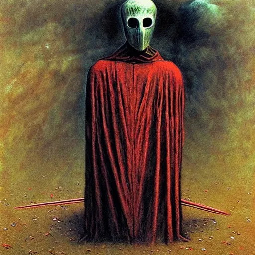 Prompt: The faceless god of chaos in a hood with a scarlet scythe by zdislav beksinski