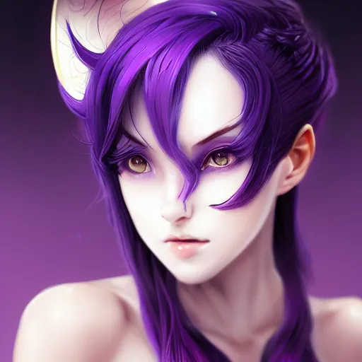 Prompt: beautiful anime woman with purple hair, a horn! on her forehead, a horn on her head, one horn, a single horn, purple eyes, a purple tuxedo, sharp focus, intricate, cell shaded, award winning photography, cinematic, digital painting, cinematic, wlop, 8 k, by ross tran, tom bagshaw