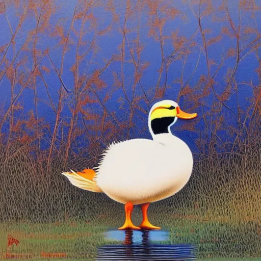 Prompt: a duck on the prowl oil painting erik bulatov