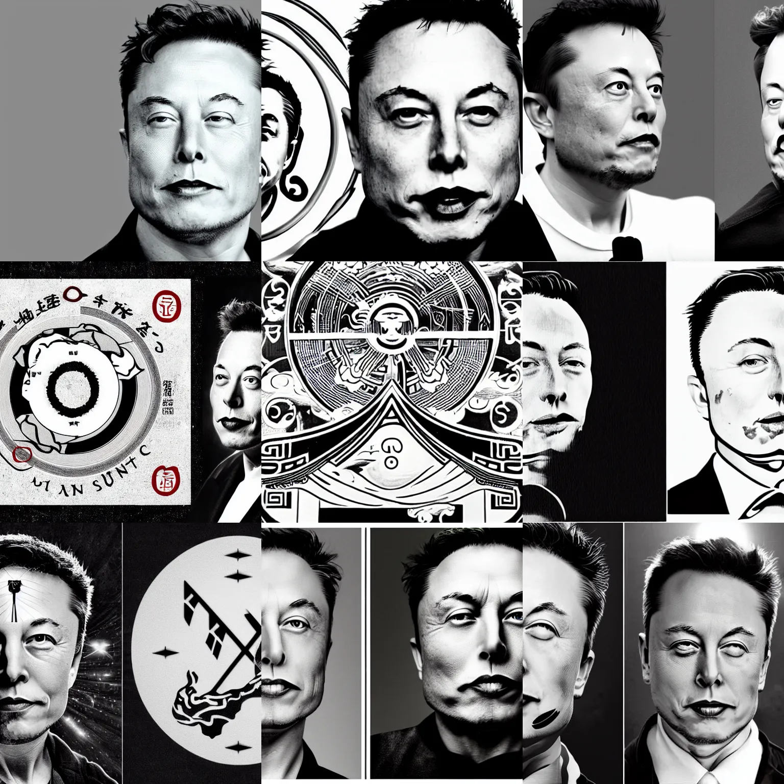 Prompt: a yin - yang daoist symbol superimposed on elon musk face - organized society, black and white
