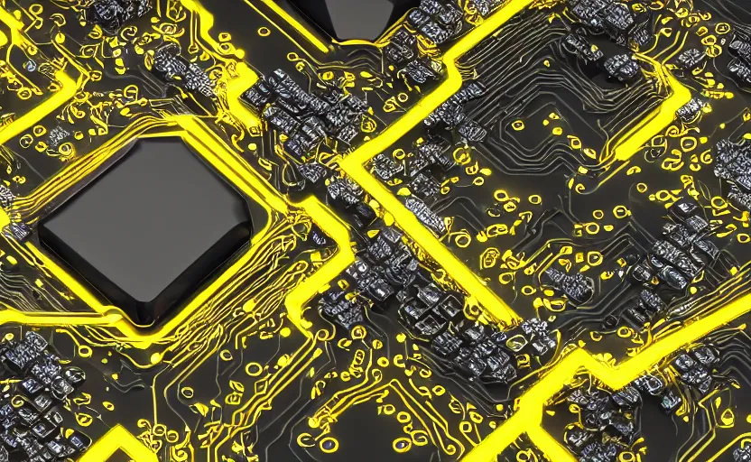 Image similar to computer circuitry scattered throughout the inside of a dream of a diamond, yellow water-cooling coolant, trending on artstation, digital art, octane render, ray-tracing, 4k desktop background