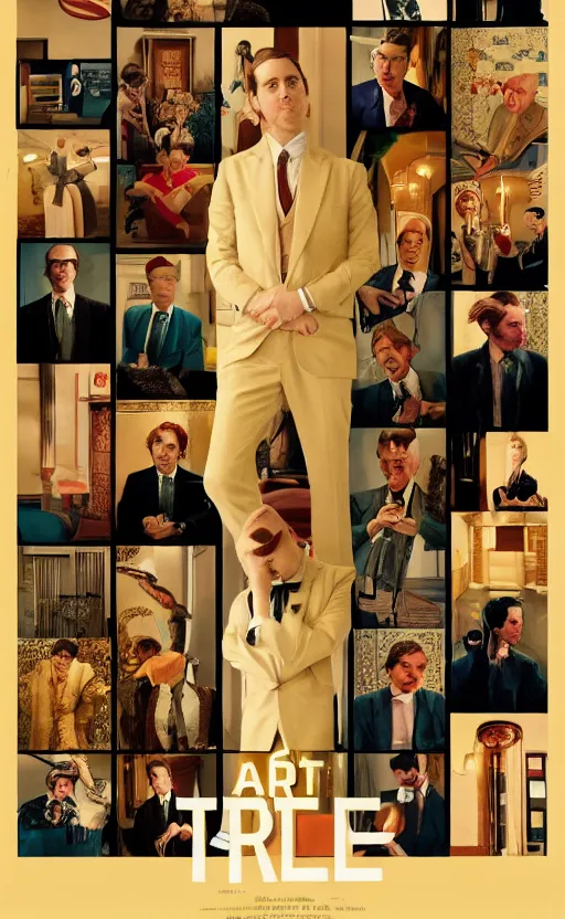 Prompt: film poster. a young man in a suit. the halls and foyer of a grand old art deco hotel. the hotel's eclectic guests. film poster. wes anderson. golden light. collage. photorealistic. trending on artstation. textless.