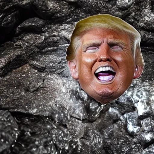 Image similar to photo inside a cavern of a wet reptilian humanoid trump partially hidden behind a rock, with black eyes, open mouth and big teeth