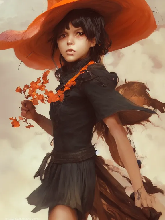 Image similar to Full shot of a cute mischievous young witch about to get up to some trouble. Latin American fashion. Black and Orange palette. Latina girl. brown skin. By Ruan Jia and Artgerm and Range Murata and WLOP. Key Art. Fantasy Illustration. award winning, Artstation, intricate details, realistic, Hyperdetailed, 8k resolution.