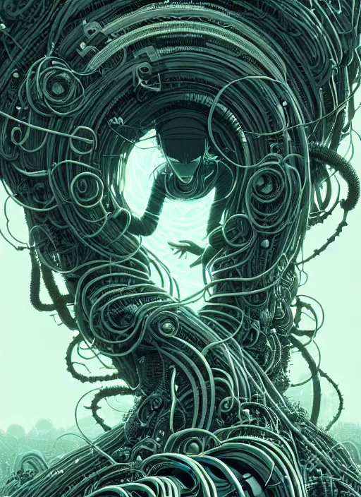 Prompt: highly detailed portrait of a biopunk long curly white hair tribal lady, stray wiring by atey ghailan, james gilleard, by joe fenton, by greg rutkowski, by greg tocchini, by kaethe butcher, 4 k resolution, gradient green, black and white color scheme!!! ( ( irradiated robotic spiral rocky landscape background ) )