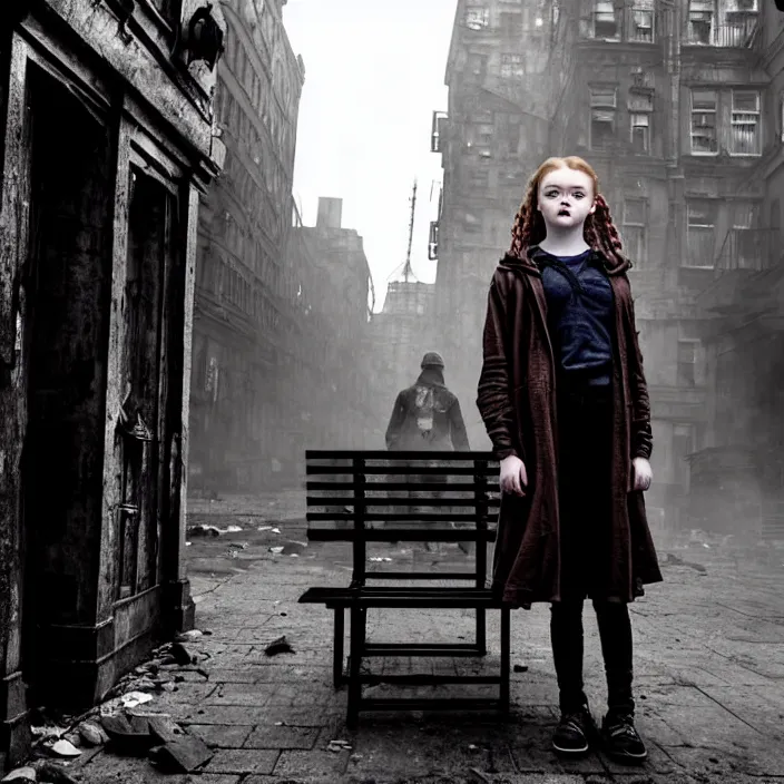 Prompt: mid shot of sadie sink in hoodie sits on bench in ruined square, pedestrians walk by | steampunk tenement windows in background : storyboard, scifi cyberpunk. by gabriel hardman. cinematic atmosphere, detailed and intricate, perfect anatomy