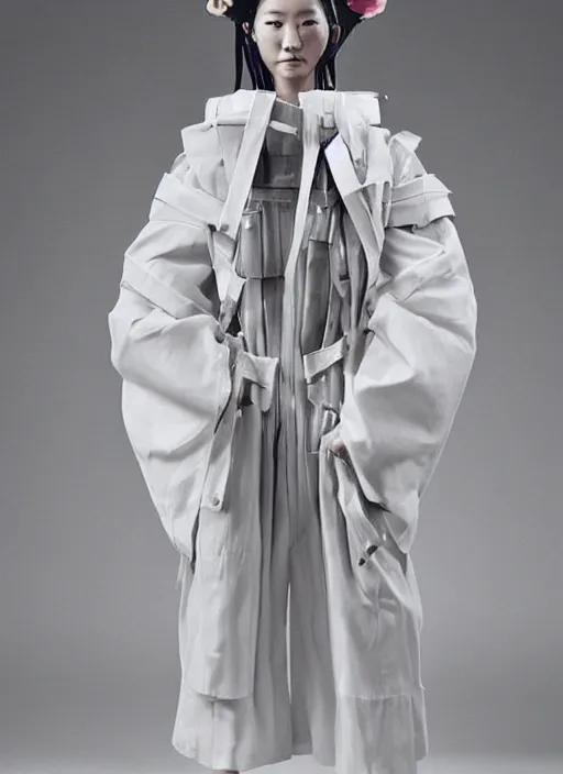 Prompt: a portrait of a japanese model detailed features wearing a cargo wedding dress - chic'techno fashion trend lots of zippers, pockets, synthetic materials, jumpsuits. - by issey miyake by ichiro tanida and mitsuo katsui