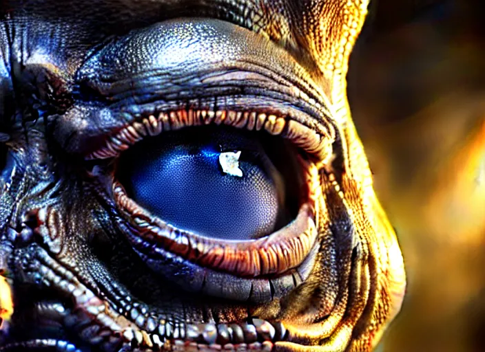 Image similar to hyperrealism, detailed textures, photorealistic 3 d render, an alien with cobalt coloured eyes in a super star system from 5 million years ago, sharp focus, ultra realistic, ultra high pixel detail, cinematic, intricate, cinematic light, concept art, illustration, art station, unreal engine 8 k