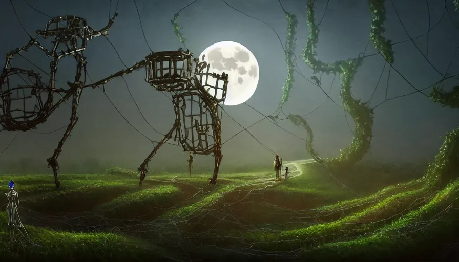 Image similar to a walking mechanical castle with legs, vines, forest, hyperrealistic, highly detailed, cinematic, single ray of moon, dark sky, beautiful, cgssociety, artstation, 8 k, oil painting