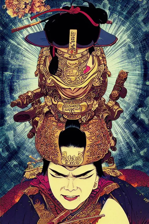 Image similar to poster of sara duterte as a samurai, by yoichi hatakenaka, masamune shirow, josan gonzales and dan mumford, ayami kojima, takato yamamoto, barclay shaw, karol bak, yukito kishiro, highly detailed