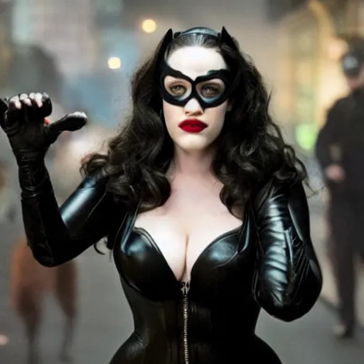 Image similar to a movie still of Kat Dennings as Catwoman in the new movie Batman