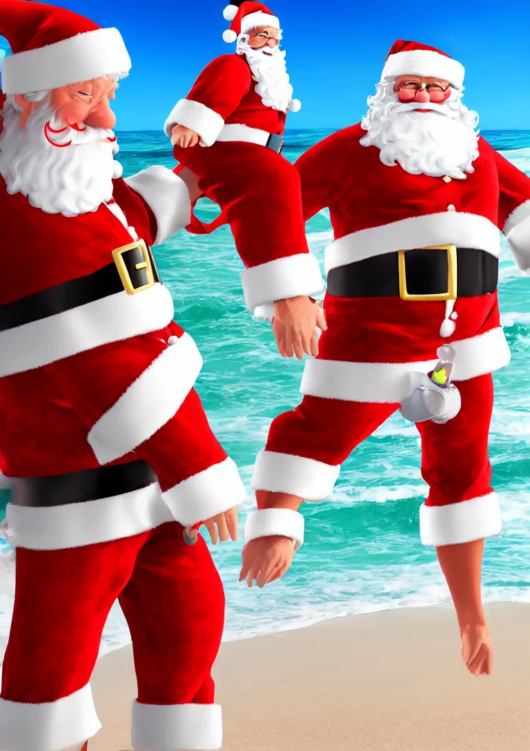 Prompt: santa claus wearing shorts surfing on the beach, 3d rendering of photo realistic image, super detailed, 4K,cinematic look